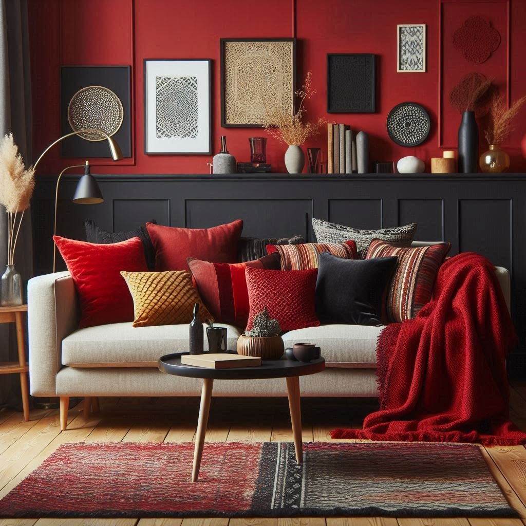 living room with red and black theme